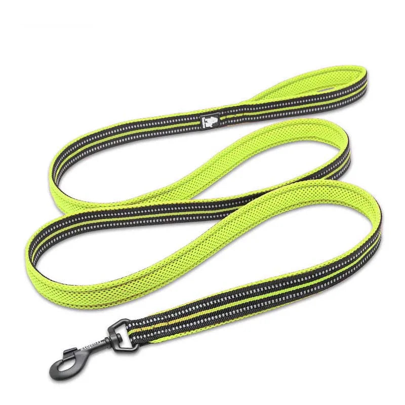 Neon green dog leash with reflective strip
