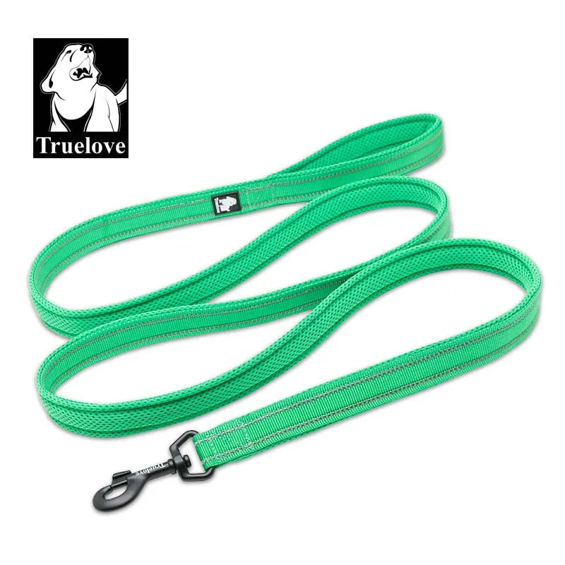 Green dog leash with reflective strip and clip featuring the Truelove brand logo.